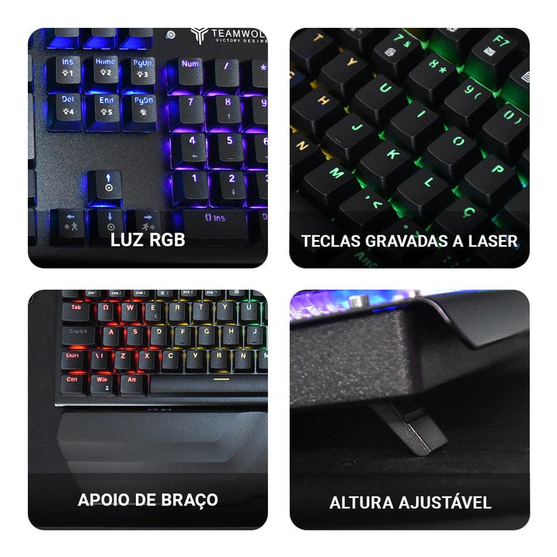 Teclado Mecânico, TeamWolf GK800P, 107 Teclas, RGB - Honor Tech